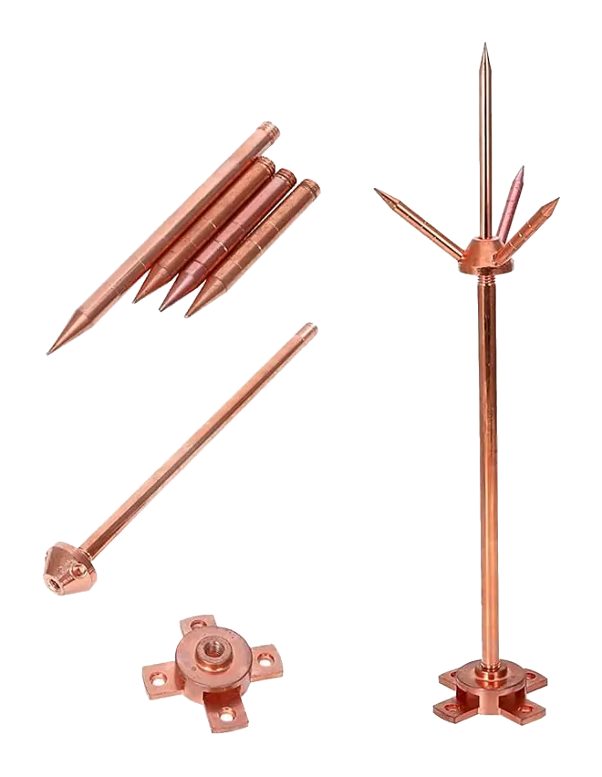Copper-coloured lightning rod parts: pointed rods, a multi-point air terminal and base plates