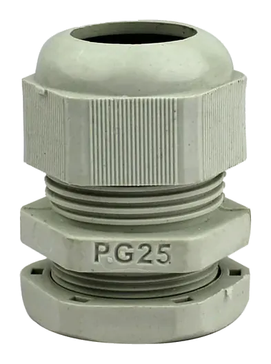 Light grey plastic cable gland with a domed cap nut and locknut